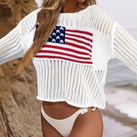 White Casual Women's Independence Day flag Lightweight knit Sweater - Picture 2 of 6